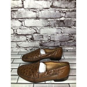 Lorenzo Banfi Ostrich Brown Leather Slip On Loafers Dress Shoes Men 8.5M US/42EU